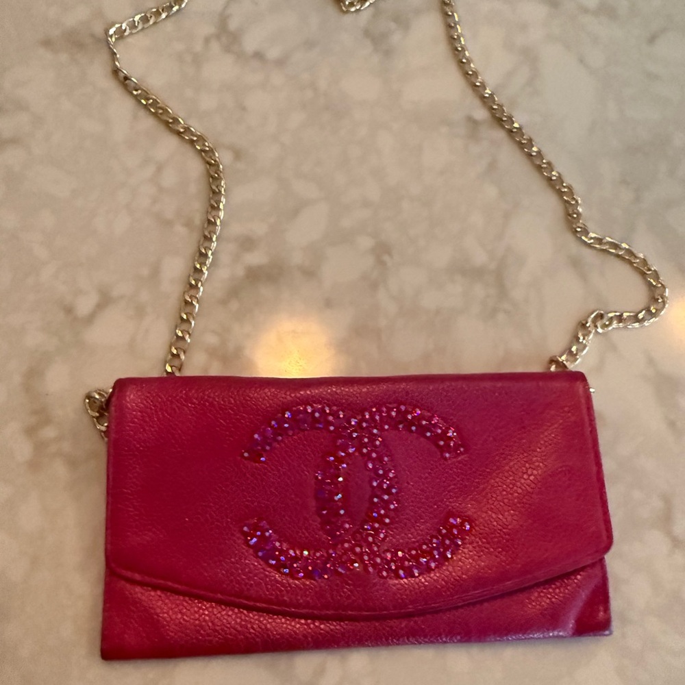 CHANEL Fuchsia Leather Clutch with Chain converted from wallet